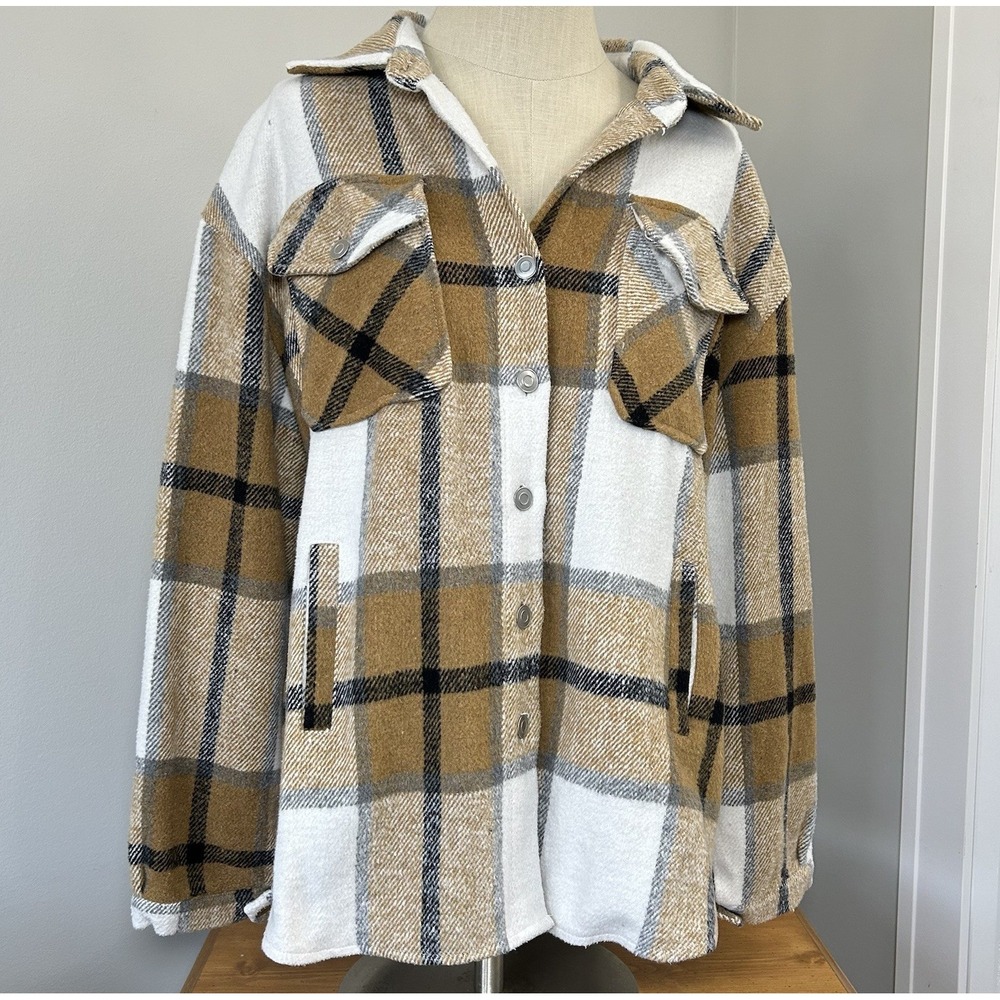 Camel‎ Cream Plaid Shacket Shirt Jacket -Women's Large- Pockets Unlined